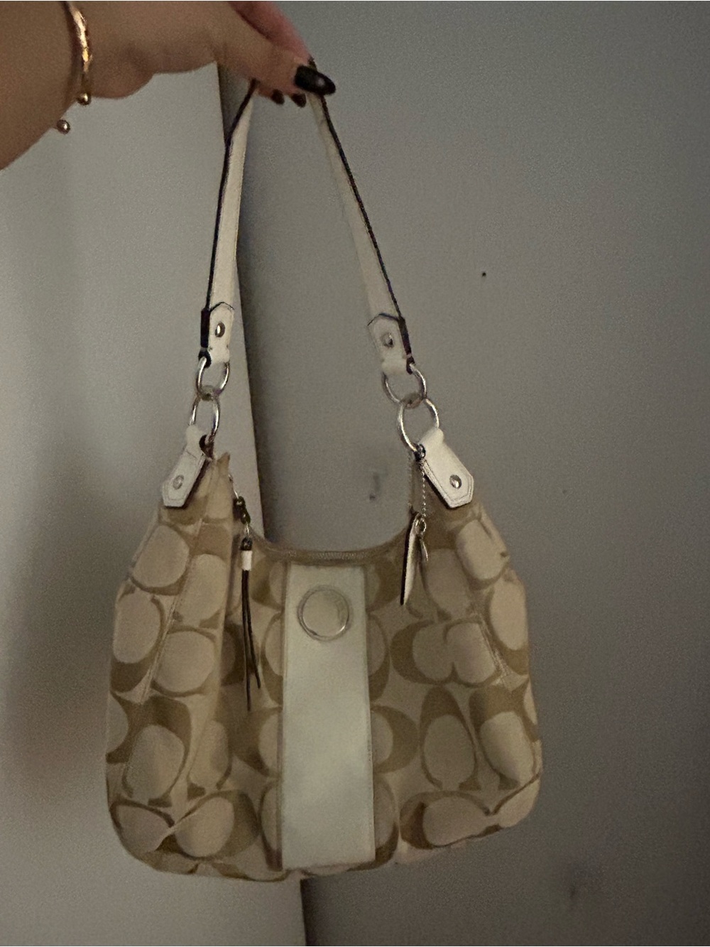 Coach Beige Signature Canvas Shoulder Bag with Cream Trim